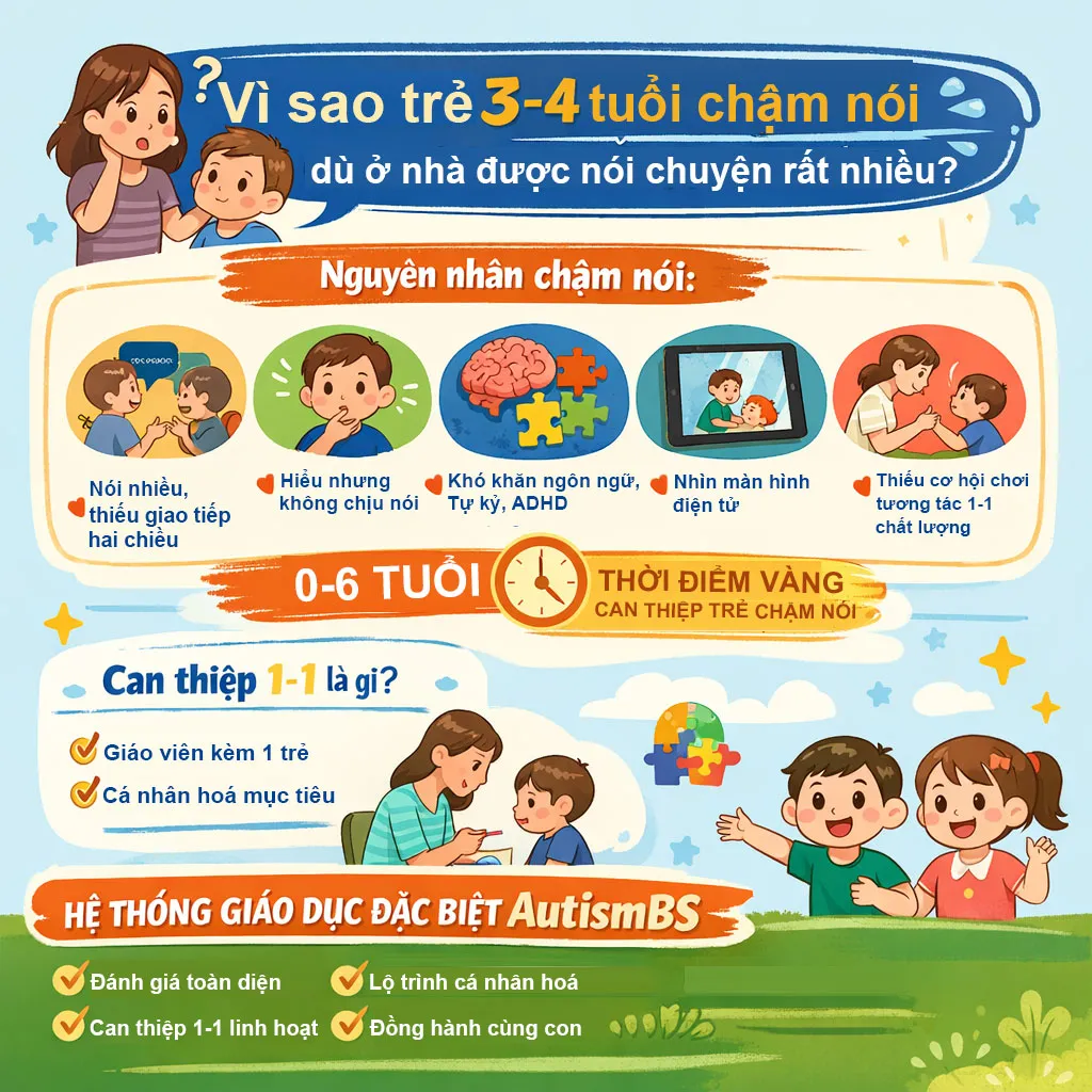 Nguyên nhân khiến trẻ 3–4 tuổi chậm nói dù bố mẹ nói chuyện rất nhiều